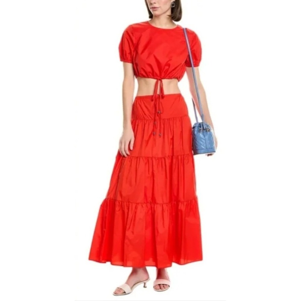 New Two-Piece Set Crop Top & Maxi Skirt Tiered Lg Red Boho Chic Vacation Staud - Picture 10 of 16